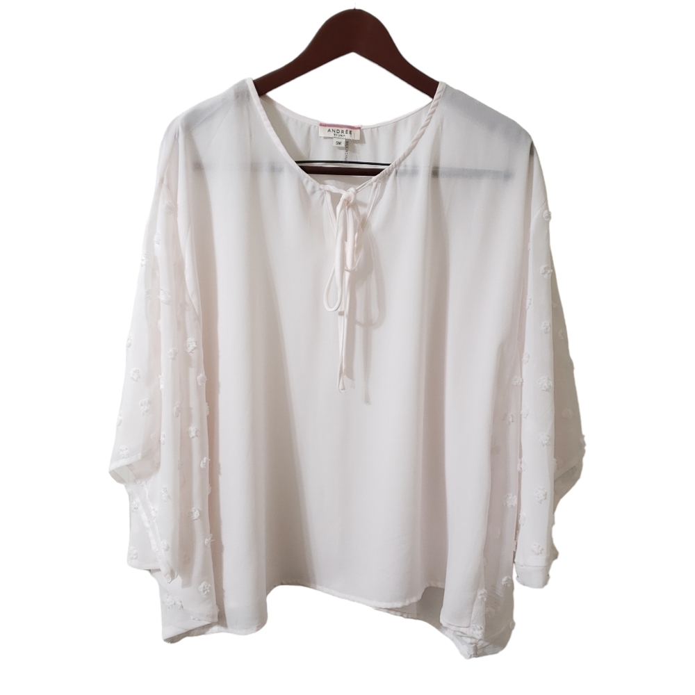 Andree by Unit Pinkish White‎ Pom Pom Dot Sheer Poncho Blouse Size SM